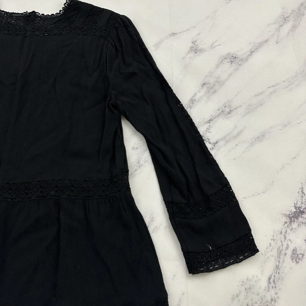 J.Crew Point Sur Lacey Top Size 8 Black Crochet Trim Peasant Bell Sleeve Lace